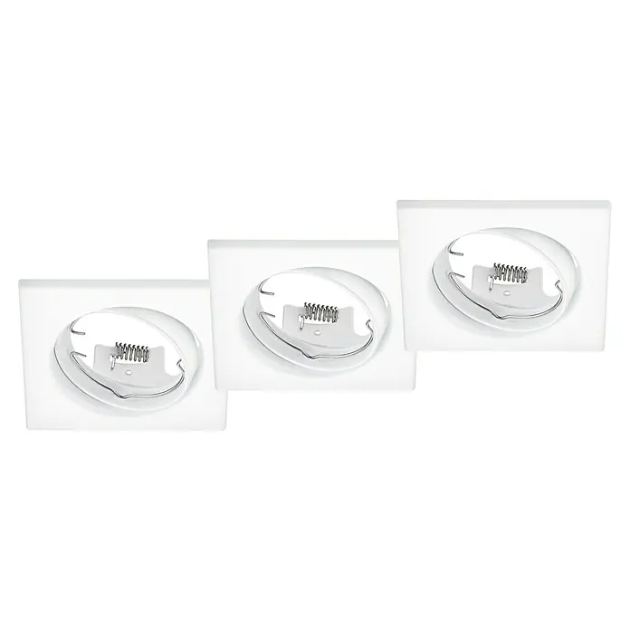 Trio Lighting Set de focos empotrables Jura - Blanco, Diámetro: 8 cm, Cuadrado - Primer plano de tres focos empotrables LED blancos y cuadrados, cada uno con una abertura redonda para una bombilla y un muelle de retención.
