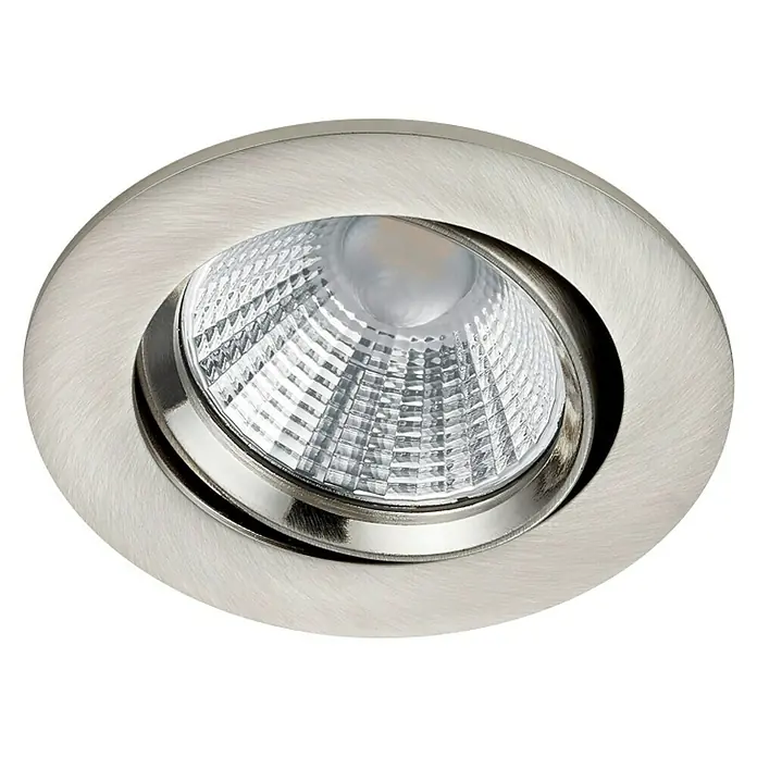 Trio Lighting Foco LED empotrable Pamir - 5,5 W, Color de luz: Blanco cálido, Diámetro: 8,5 cm, Níquel mate - Primer plano de un foco empotrable LED, redondo y regulable, con un acabado cepillado y reflector facetado para iluminación direccional.