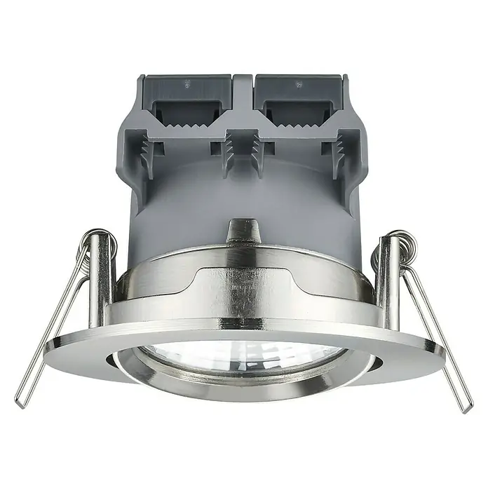 Trio Lighting Foco LED empotrable Pamir - 5,5 W, Color de luz: Blanco cálido, Diámetro: 8,5 cm, Níquel mate - Primer plano de una lámpara de techo con acabado plateado y luz brillante, ideal para interiores modernos.