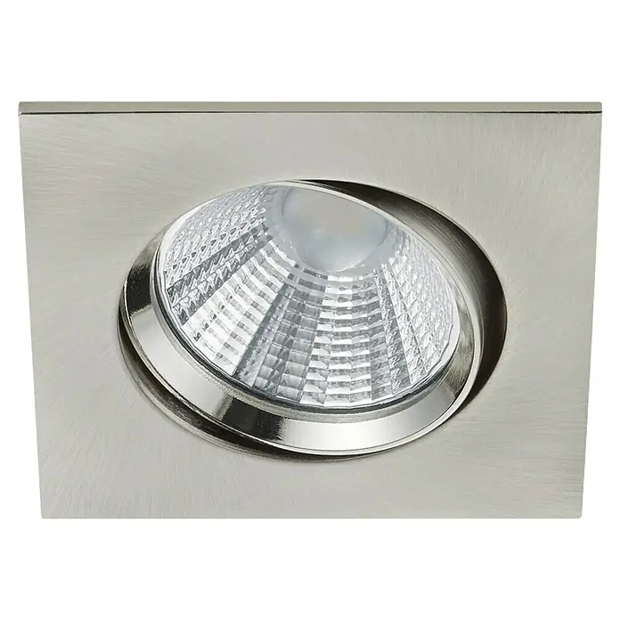 Trio Lighting Foco LED empotrable Pamir cuadrado - 5,5 W, Color de luz: Blanco cálido, Níquel mate - Foco empotrable en un montaje cuadrado con una bombilla redonda de color plateado que emite luz brillante.