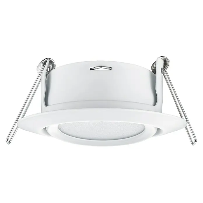 Trio Lighting Foco LED empotrable Rila - 5 W, Color de luz: Blanco cálido, Diámetro: 8,2 cm, Blanco - Primer plano de una lámpara LED empotrable redonda blanca con muelles de montaje plateados sobre un fondo oscuro.