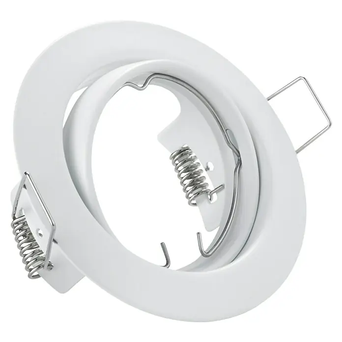 Trio Lighting Foco empotrable Jura - 15 W, GU10, Blanco, Diámetro: 8,3 cm - Primer plano de un soporte de montaje blanco y redondo para luces empotradas con resortes de fijación. Ideal para instalación en el techo.