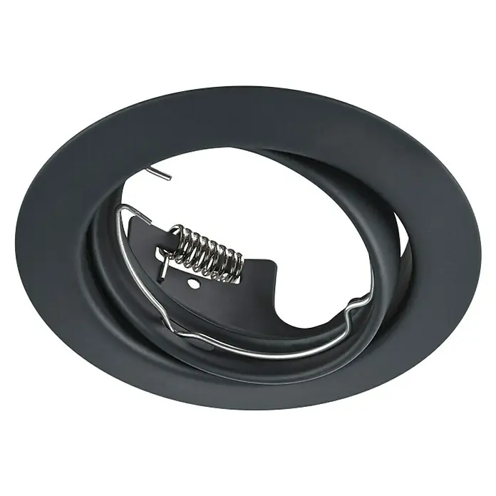 Trio Lighting Foco empotrable Jura - 15 W, GU10, Negro, Diámetro: 8,3 cm - Primer plano de un marco de iluminación empotrada redondo y negro para luces de techo con clips de sujeción metálicos.