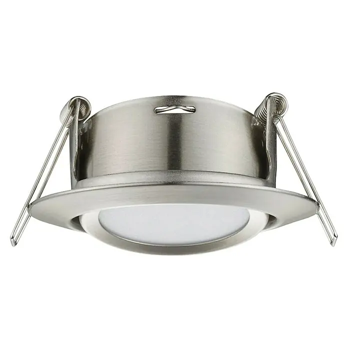 Trio Lighting Foco LED empotrable Rila - 5 W, Color de luz: Blanco cálido, Diámetro: 8,2 cm, Níquel mate - Primer plano de un downlight LED empotrable regulable en níquel cepillado, ideal para interiores modernos.\n