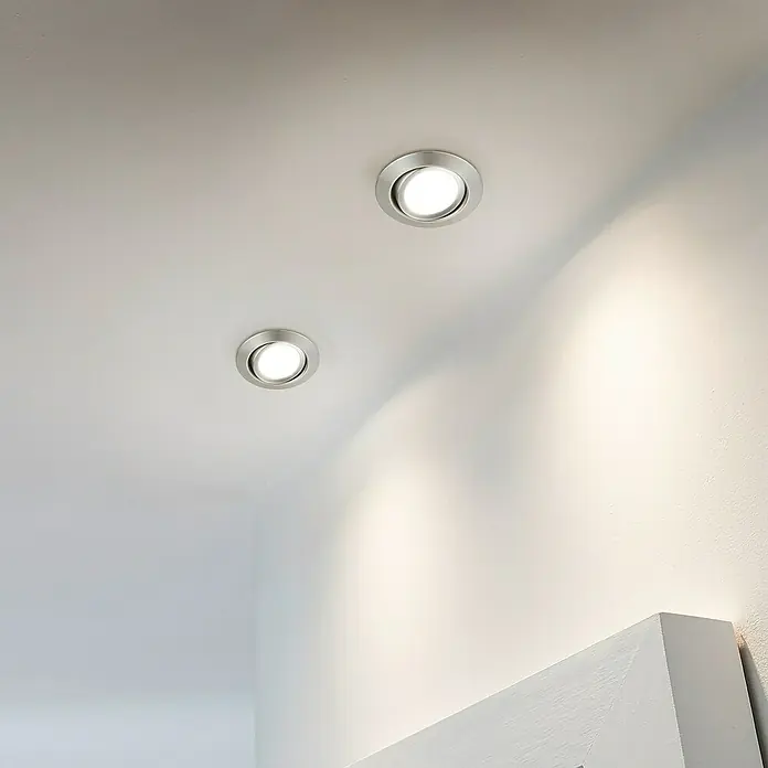 Trio Lighting Foco LED empotrable Rila - 5 W, Color de luz: Blanco cálido, Diámetro: 8,2 cm, Níquel mate - Dos luces de techo metálicas modernas con luz blanca cálida iluminan la habitación y añaden toques elegantes.