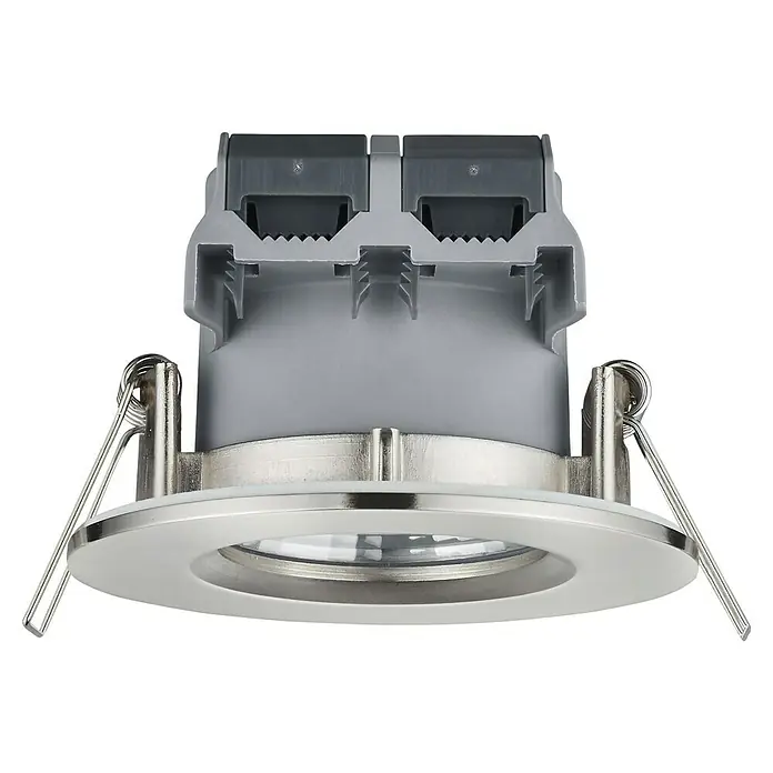 Trio Lighting Foco LED empotrable Zagros - 5,5 W, Color de luz: Blanco cálido, Diámetro: 8,5 cm, Níquel mate - Primer plano de un foco LED empotrable con marco plateado y clips de montaje. Ideal para interiores modernos.
