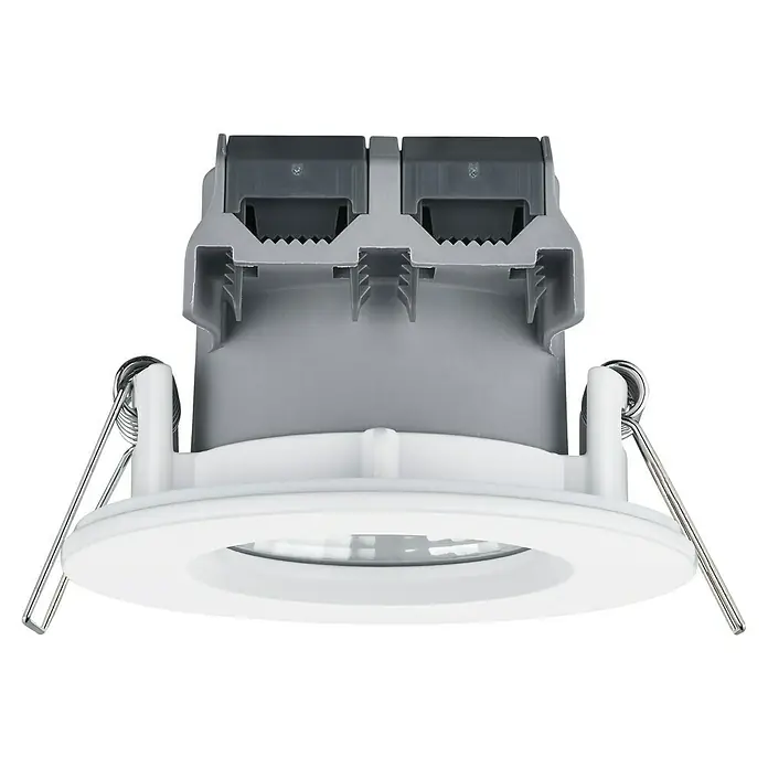 Trio Lighting Foco LED empotrable Zagros - 5,5 W, Color de luz: Blanco cálido, Diámetro: 8,5 cm, Blanco - Primer plano de un foco LED empotrable redondo con elementos blancos y grises, que representa una solución de iluminación moderna y eficiente.