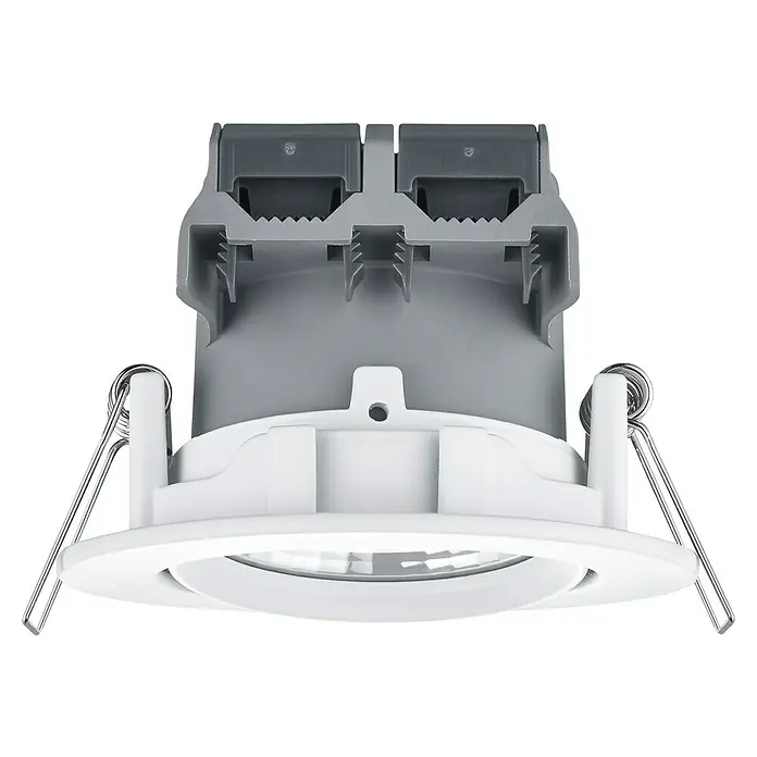 Trio Lighting Foco LED empotrable Pamir - 5,5 W, Color de luz: Blanco cálido, Diámetro: 8,5 cm, Blanco - Primer plano de un downlight LED empotrable blanco con muelles plateados y carcasa gris.
