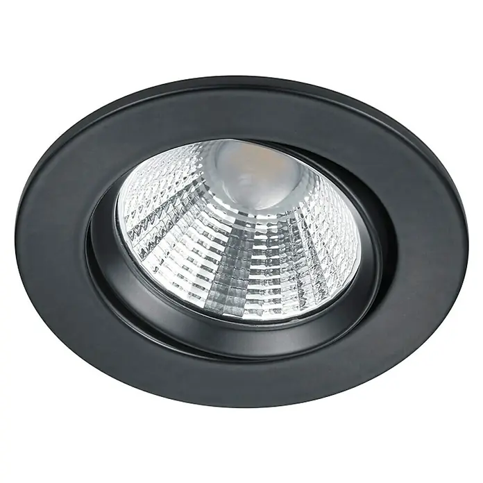Trio Lighting Foco LED empotrable Pamir - 5,5 W, Color de luz: Blanco cálido, Diámetro: 8,5 cm, Negro - Primer plano de un foco empotrable negro con una lámpara LED facetada y brillante, ideal para interiores modernos e iluminación eficiente energéticamente.