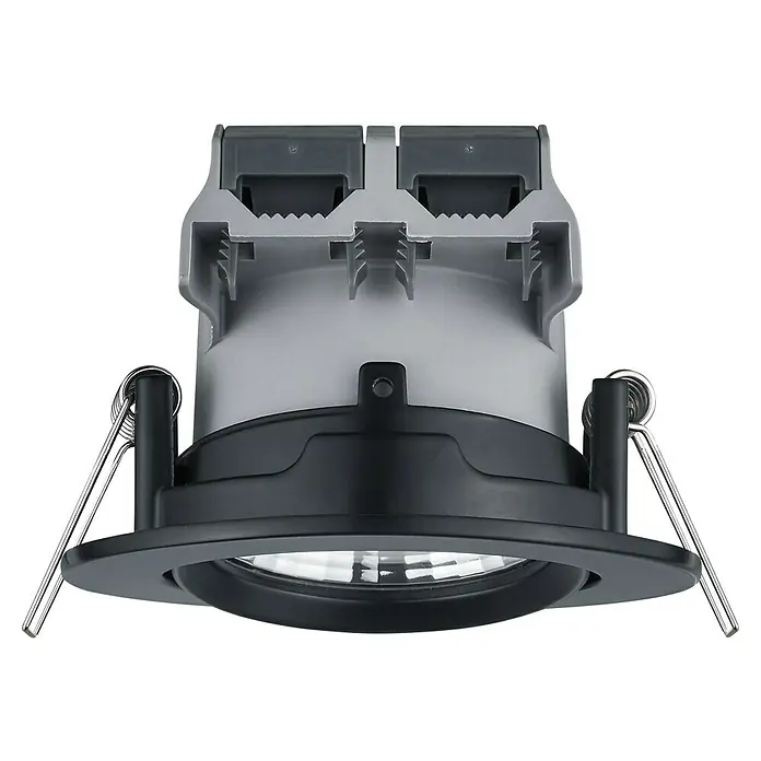 Trio Lighting Foco LED empotrable Pamir - 5,5 W, Color de luz: Blanco cálido, Diámetro: 8,5 cm, Negro - Primer plano de una luz LED empotrable negra con resortes plateados para montaje en techo. El producto es moderno y de alta calidad.