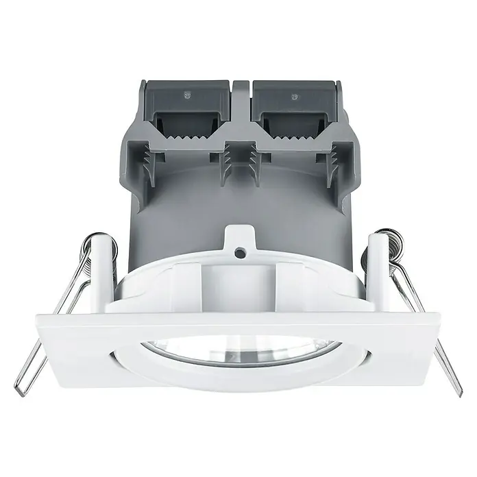 Trio Lighting Foco LED empotrable Pamir cuadrado - 5,5 W, Color de luz: Blanco cálido, Blanco - Lámpara de techo con moldura cuadrada blanca. La luz tiene resortes de retención laterales para la instalación y un accesorio gris.