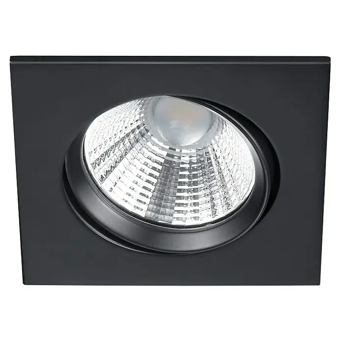Trio Lighting Foco LED empotrable Pamir cuadrado - 5,5 W, Color de luz: Blanco cálido, Negro - Primer plano de un foco empotrable cuadrado negro con una lámpara LED redonda y brillante.