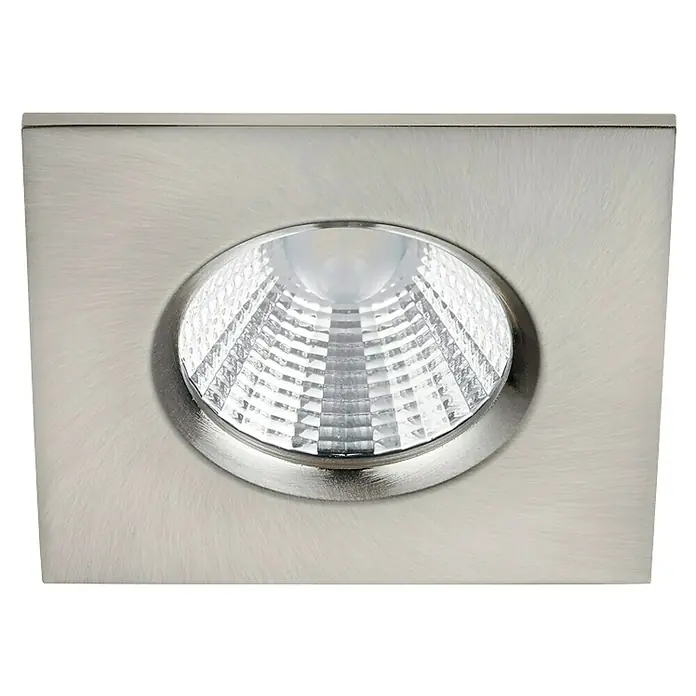Trio Lighting Foco LED empotrable Zagros - 5,5 W, Color de luz: Blanco cálido, Níquel mate - Primer plano de una lámpara empotrable cuadrada con acabado metálico cepillado y luz LED redonda para un diseño luminoso y moderno.