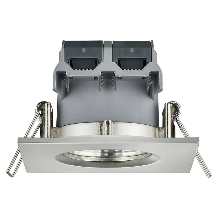 Trio Lighting Foco LED empotrable Zagros - 5,5 W, Color de luz: Blanco cálido, Níquel mate - Primer plano de un foco empotrable cuadrado plateado, que muestra un diseño moderno y minimalista.\n
