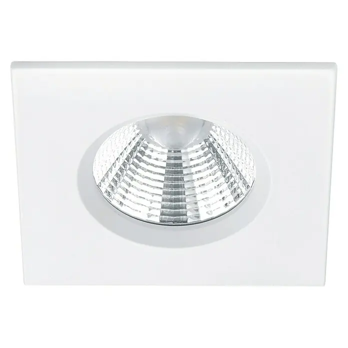 Trio Lighting Foco LED empotrable Zagros - 5,5 W, Color de luz: Blanco cálido, Blanco - Primer plano de una luminaria empotrada cuadrada blanca con una fuente de luz prismática redonda.