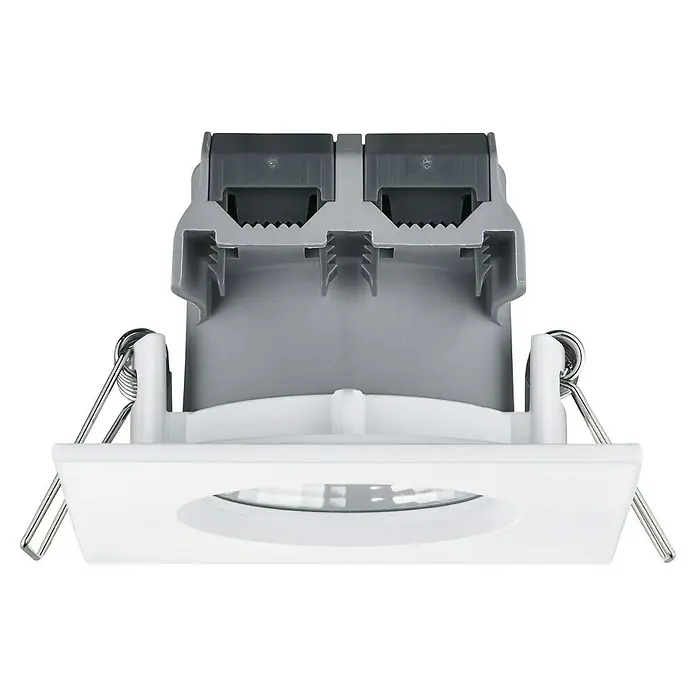 Trio Lighting Foco LED empotrable Zagros - 5,5 W, Color de luz: Blanco cálido, Blanco - Primer plano de un foco empotrable LED cuadrado blanco con elementos metálicos, perfecto para interiores modernos.