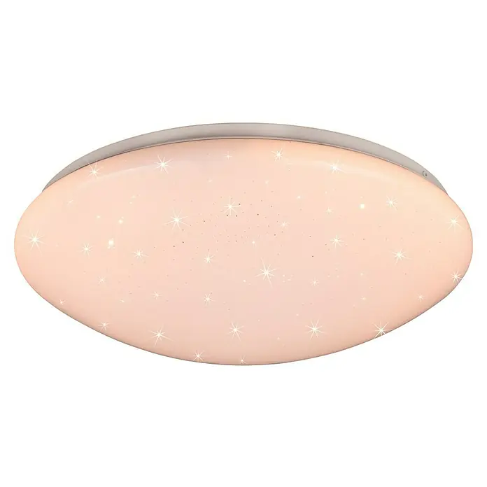 Trio Lighting Plafón LED redondo Lukida - 18 W, Ø x Al: 380 mm x 10 cm, Blanco cielo estrellado, Blanco cálido - Primer plano de una lámpara de techo ovalada con un diseño de estrellas y un marco plateado. Ideal para cuartos infantiles o como iluminación elegante.
