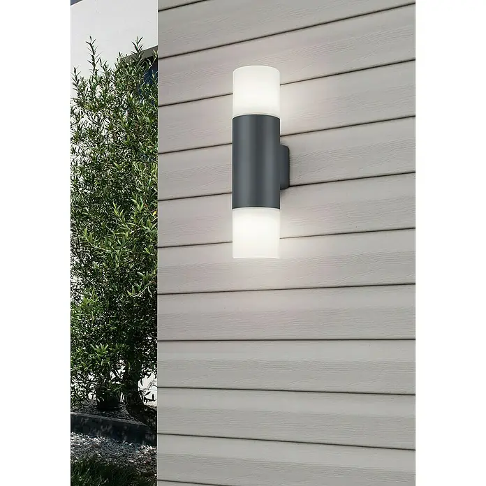Aplique exterior Hoosic - 56 W, 12 x 8,5 x 33 cm, Antracita, IP44 - Una lámpara de pared exterior moderna de color gris con diseño cilíndrico que emite una luz brillante y agradable hacia arriba y hacia abajo. Ideal para fachadas elegantes.