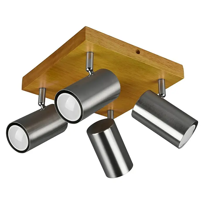 Trio Lighting Marley Regleta - 60 W, L x An x Al: 22 x 22 x 16 cm, Marrón, GU10, 4 ud. - Lámpara de techo moderna con cuatro focos ajustables y base de madera, ideal para iluminación elegante en cualquier habitación.