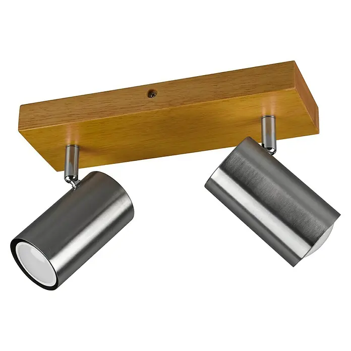 Trio Lighting Marley Regleta - 30 W, L x An x Al: 9 x 26 x 16 cm, Marrón, GU10, 2 ud. - Lámpara de techo con dos focos, base de madera y puntos metálicos ajustables para iluminación dirigida.