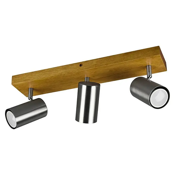 Trio Leuchten Marley Deckenstrahler - 45 W, L x B x H: 9 x 44 x 16 cm, Holz, Nickel, GU10 - Eine Deckenleuchte mit drei Strahlern und einem Holzsockel. Die Strahler sind aus Metall gefertigt und haben eine zylindrische Form.