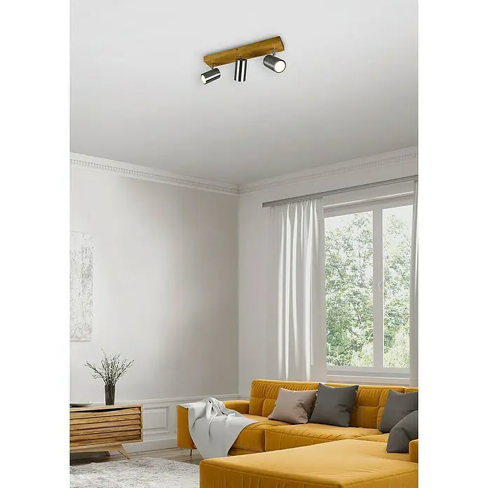 Trio Leuchten Marley Deckenstrahler - 45 W, L x B x H: 9 x 44 x 16 cm, Holz, Nickel, GU10 - Deckenleuchte mit drei Strahlern auf einem Holzsockel. Die Strahler sind silberfarben.
