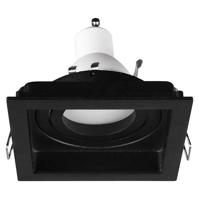 Trio Lighting Foco empotrable Kenai - 15 W, Negro, 1 ud. - Primer plano de una lámpara de techo empotrable cuadrada negra con un foco LED blanco.