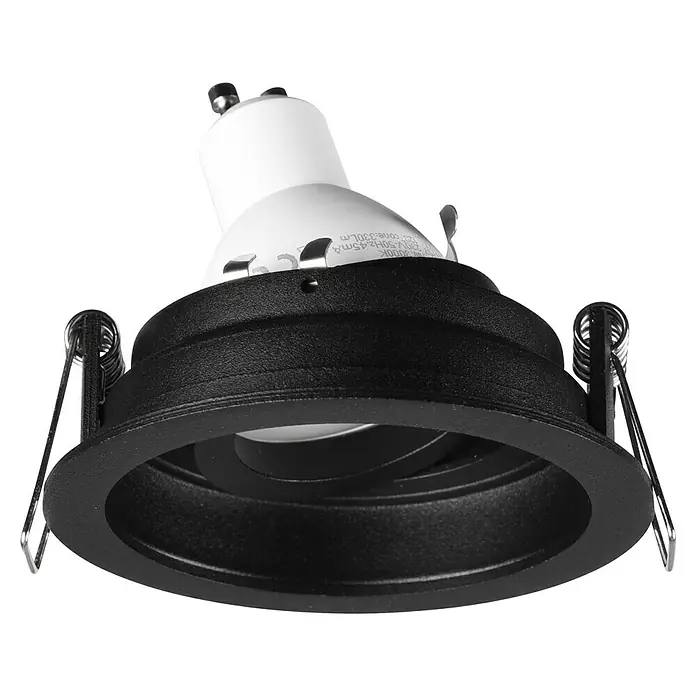 Trio Lighting Foco empotrable Kenai - 15 W, Ø x Al: 9 x 10 cm, Negro - Primer plano de una lámpara de techo negra con una bombilla blanca. La lámpara tiene resortes plateados para el montaje.