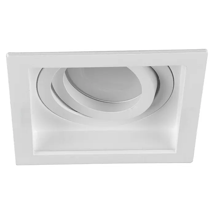Trio Lighting Foco empotrable Kenai - 15 W, Blanco, 1 ud. - Primer plano de una lámpara de techo blanca y cuadrada con elementos redondos empotrados, con un diseño moderno y minimalista.