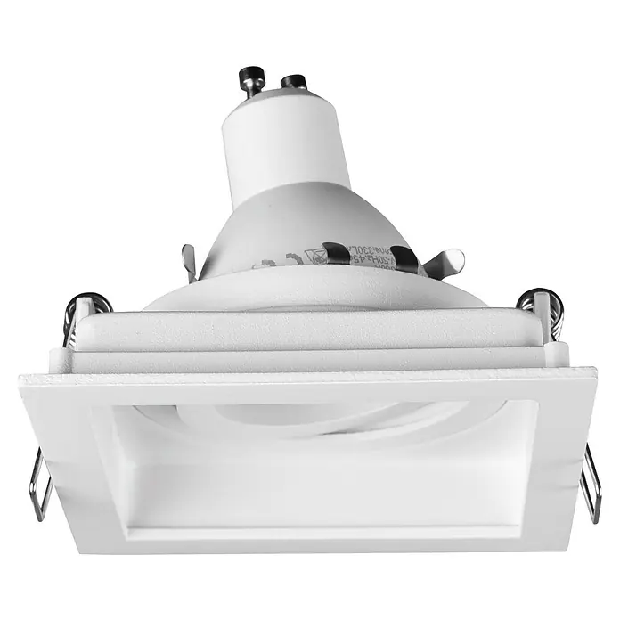 Trio Lighting Foco empotrable Kenai - 15 W, Blanco, 1 ud. - Primer plano de un foco LED empotrable, cuadrado, blanco, con punto ajustable y elementos metálicos para montaje en techo.