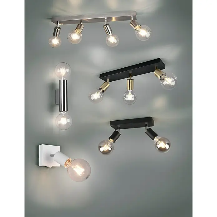 Trio Lighting Regleta Vannes - 40 W, 4 ud., L x An x Al: 9 x 60 x 12 cm, Níquel mate - Selección de diferentes lámparas: focos de carril, apliques de pared, mostrando varios estilos y acabados.