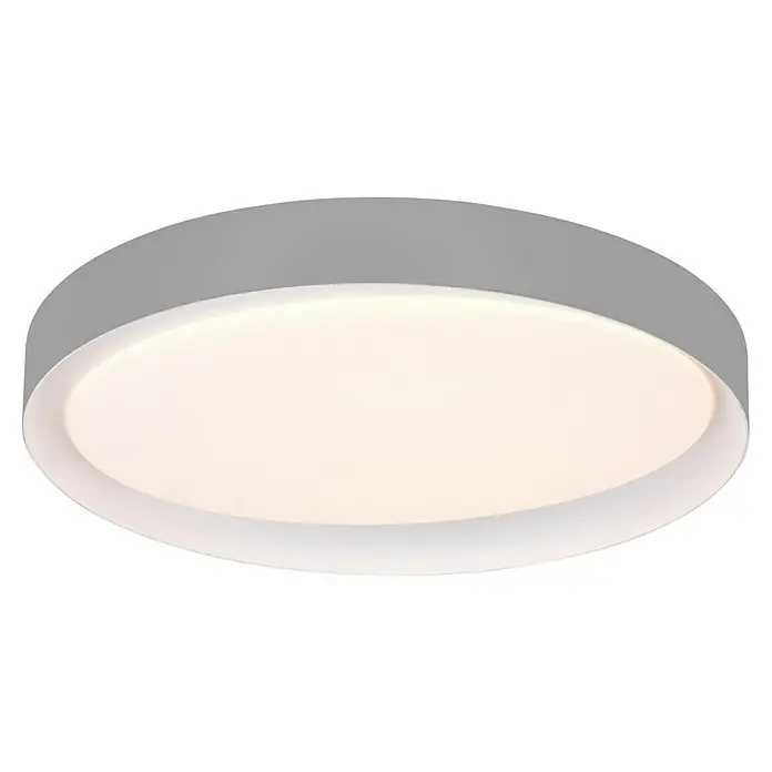Plafón LED redondo Zeta - 24 W, Ø x Al: 480 mm x 7 cm, Blanco, Blanco cálido - Primer plano de una lámpara de techo redonda gris con una luz blanca cálida difusa, ideal para interiores modernos.