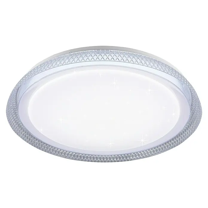 Trio Lighting Plafón LED redondo Heracles - 24 W, Ø x Al: 500 mm x 6 cm, Blanco, Blanco cálido - Primer plano de una elegante lámpara de techo LED con un borde decorativo y una iluminación brillante y uniforme, ideal para espacios modernos.