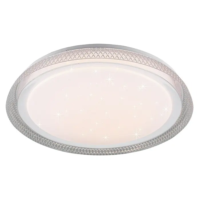 Trio Lighting Plafón LED redondo Heracles - 24 W, Ø x Al: 500 mm x 6 cm, Blanco, Blanco cálido - Primer plano de una moderna lámpara de techo LED redonda con efecto brillante y un borde de cristal decorativo sobre un fondo negro.
