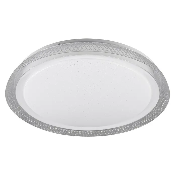 Trio Lighting Plafón LED redondo Heracles - 24 W, Ø x Al: 500 mm x 6 cm, Blanco, Blanco cálido - Primer plano de una lámpara de techo LED redonda con un borde transparente texturizado y un panel de luz blanca difusa.