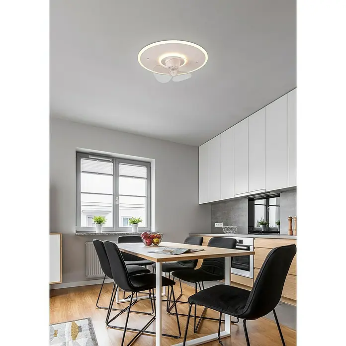 Trio Lighting Ventilador de techo Nybro - Blanco, 50 cm, 40 W, Blanco neutro - Elegante lámpara de techo con ventilador. El diseño redondo y la luz suave crean un ambiente agradable en la habitación.