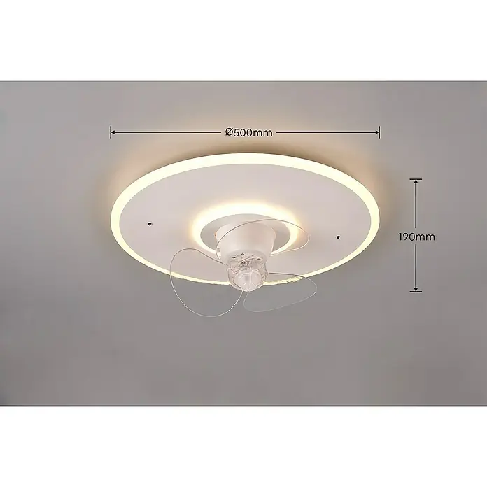 Trio Lighting Ventilador de techo Nybro - Blanco, 50 cm, 40 W, Blanco neutro - En la imagen se muestra un ventilador de techo LED blanco con dimensiones Ø500mm y 190mm, montado en un techo gris.
