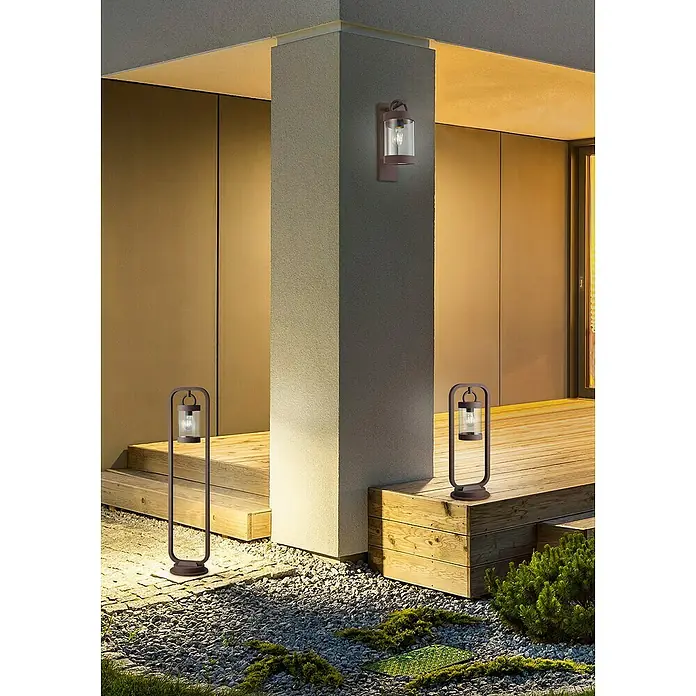 Trio Lighting Aplique exterior Sambesi - 28 W, L x An x Al: 12 x 12 x 33 cm, Óxido, E27 - Elegante iluminación exterior: un aplique de pared y dos lámparas de pie con un diseño a juego que iluminan con estilo tu jardín.