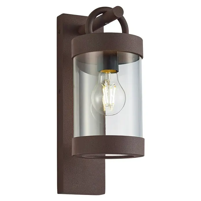 Trio Lighting Aplique exterior Sambesi - 28 W, L x An x Al: 12 x 12 x 33 cm, Óxido, E27 - Una lámpara de pared marrón con una pantalla de vidrio cilíndrica y una bombilla Edison expuesta que emite un brillo cálido.