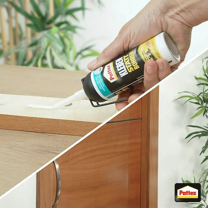 Pattex Kleben statt Bohren Montagekleber - Weiß, 133 g - Anwendung des Pattex Kleben statt Bohren Montageklebers zum Anbringen eines Holzstücks.