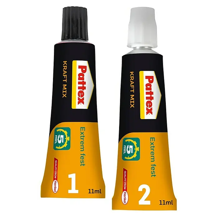 Pattex Kraft-Mix 2-Komponenten-Kleber Komponentenkleber Extrem Fest - 2 Stk., 12 g - Bild von zwei Pattex Kraft Mix Extrem fest Zweikomponentenklebern, die eine schnelle und starke Verbindung in 5 Minuten ermöglichen.