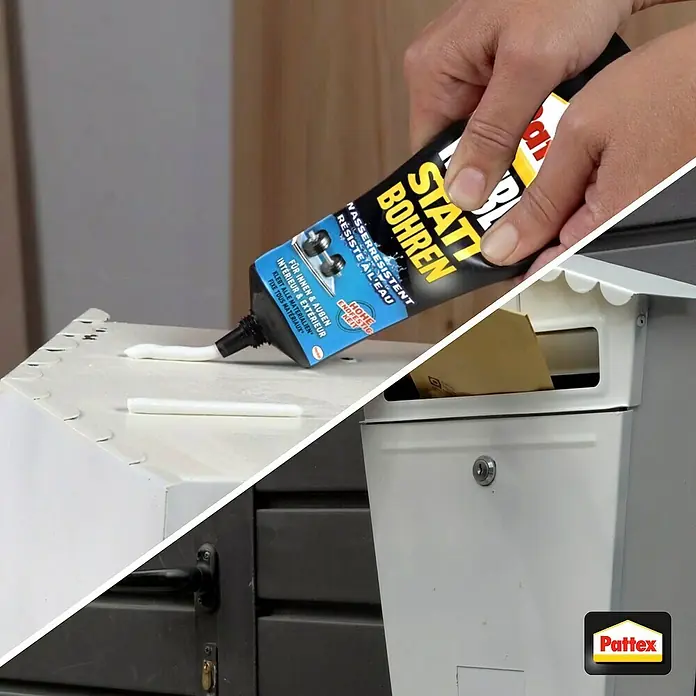 Pattex Kleben statt Bohren Montagekleber Wasserresistent - 142 g - Bild von Pattex Kleber "Statt Bohren", ein wasserfester Klebstoff für den Innen- und Außenbereich, ideal für verschiedene Materialien.