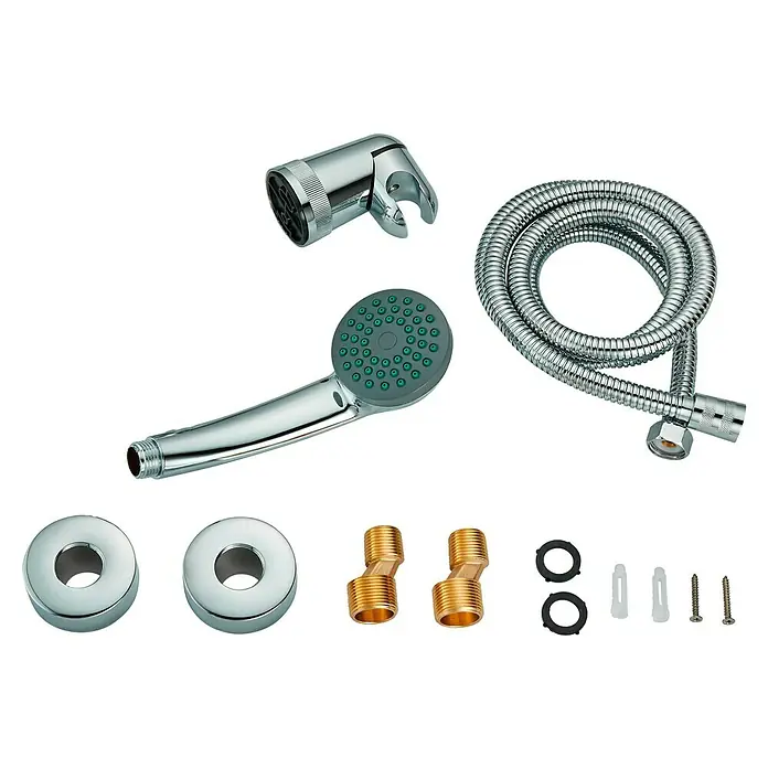 Universal de Grifería Amazonas Grifo monomando de ducha - Cromo, Resplandeciente - Juego de cabezal de ducha con rociador de mano, manguera, soporte y accesorios para fácil instalación.