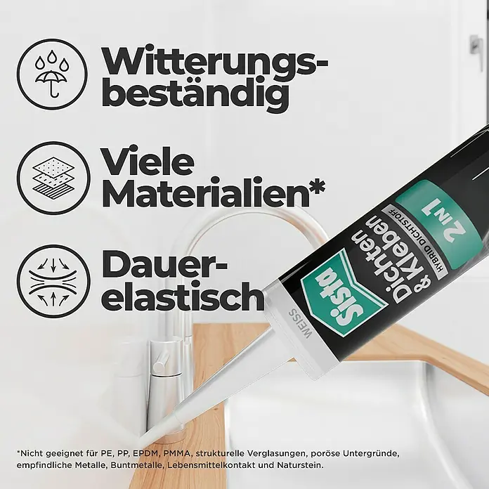 Sista Fugendichtstoff Dichten & Kleben 2in1 - Weiß, 280 ml, Silikonfrei - Produktbild von Sista Dichten & Kleben 2IN1 Hybrid Dichtstoff. Das Produkt ist witterungsbeständig und für viele Materialien geeignet.