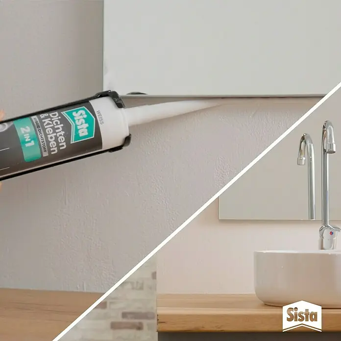 Sista Fugendichtstoff Dichten & Kleben 2in1 - Weiß, 280 ml, Silikonfrei - Sista Dichten & Kleben 2in1 Hybrid-Dichtstoff in Aktion, gezeigt bei der Abdichtung einer Spiegelkante im Badezimmer.