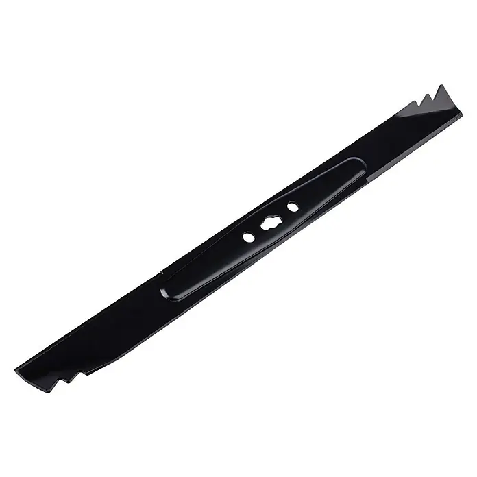 Scheppach Ersatzmesser für Rasenmäher - Scheppach Rasenmäher MR224-61 & MR196-61, 1 Stk. - Das Bild zeigt ein schwarzes Rasenmähermesser mit mehreren Löchern in der Mitte, das für den Einsatz in Rasenmähern konzipiert ist.