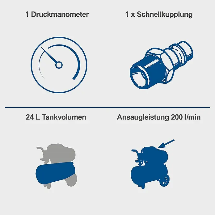 Scheppach Kompressor HC30o - Max. Druck: 8 bar, 24 l - Produktmerkmale: 1 Druckmanometer, 1 Schnellkupplung, 24 L Tankvolumen, Ansaugleistung 200 l/min. Ein vielseitiger und leistungsstarker Kompressor.
