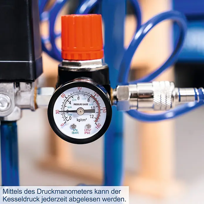 Scheppach Kompressor HC30o - Max. Druck: 8 bar, 24 l - Das Druckmanometer zeigt den aktuellen Kesseldruck an. Ein unverzichtbares Instrument für präzise Druckkontrolle.