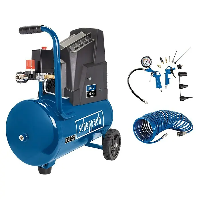 Scheppach Kompressor HC30o - Max. Druck: 8 bar, 24 l - Scheppach 24-Liter-Kompressor mit Zubehörset, ideal für vielfältige Anwendungen im Haus und in der Werkstatt.