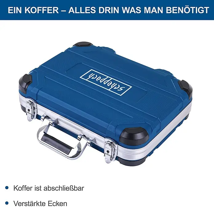 Scheppach Werkzeugkoffer TB170 - L x B x H: 40 x 31 x 10 cm, 135 -tlg. - Ein blauer Werkzeugkoffer mit verstärkten Ecken und abschließbarem Design, ideal für die Aufbewahrung und den Transport von Werkzeugen.